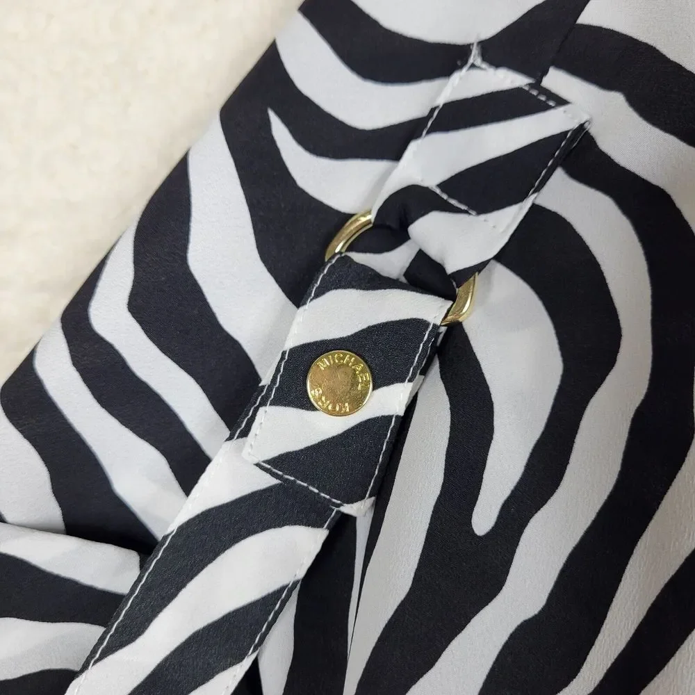 Michael Kors Shirt Womens Small Zebra Print V Neck Gold Hardware Short Sleeve‎
